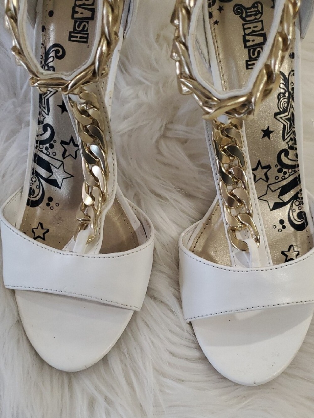 Brash White Heels with Gold Chain Accent - Picture 2 of 16
